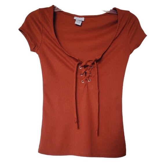 🌺3 for $10 Rue21 Burn Orange Lace-up Ribbed Knit  Blouse - Picture 6 of 6